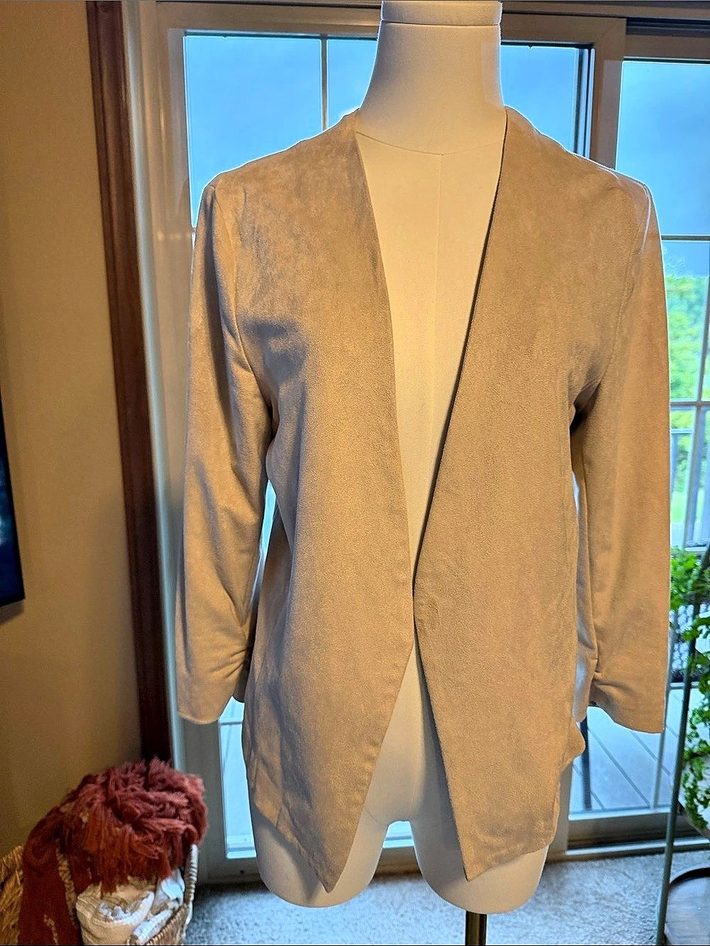 Tarte Taupe Open-Front Draped Faux Suede Blazer